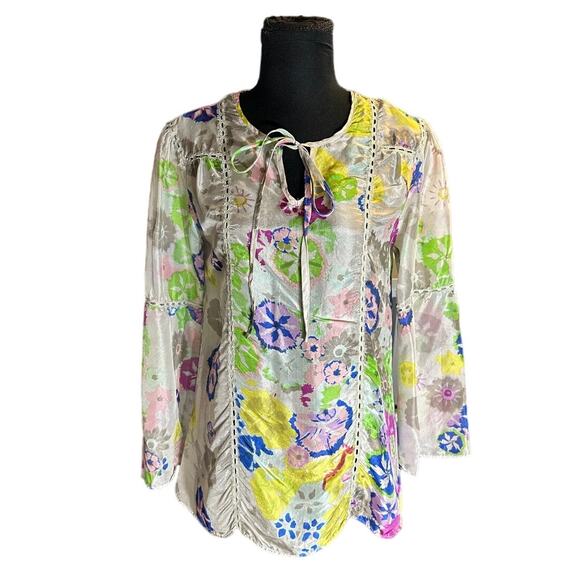 Sundance Tops - Sundance Colorful Silk Watercolor Floral Print Peasant Blouse Size S